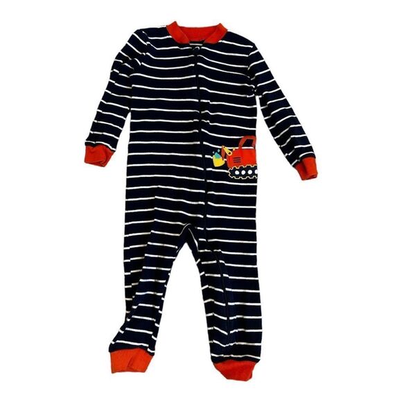 Little Me Pajamas - Boys Construction One Piece Full Zip PJ Striped Navy Blue - Picture 5 of 5